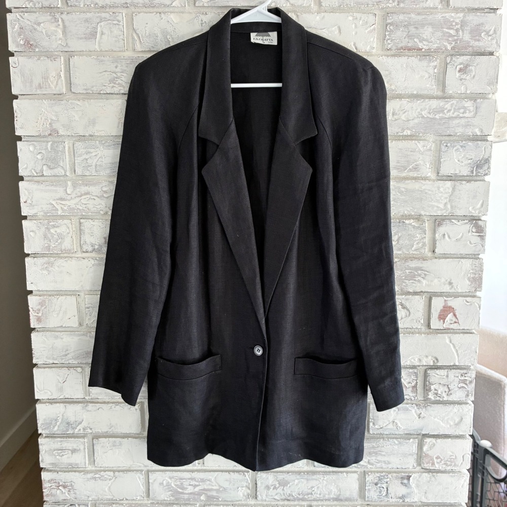 F.A. Chatta Black Linen Blazer Single Button Longline Jacket Vintage